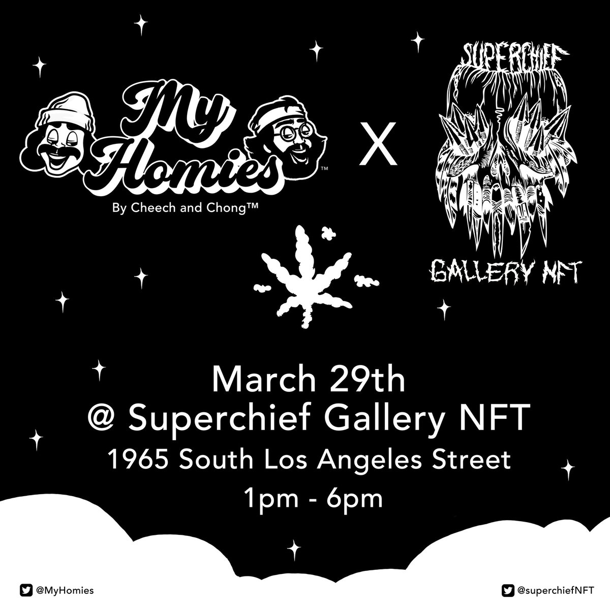MyHomies's tweet photo. For our first IRL event, we're very excited to announce that we have partnered with Superchief Gallery NFT, the official art partner for NFT LA.   

March 29th from 1pm PST  to 6pm PST 

Superchief Gallery NFT in Los Angeles.

@SuperchiefNFT #NFTLA @cheechandchong https://t.co/TmMosmqw64