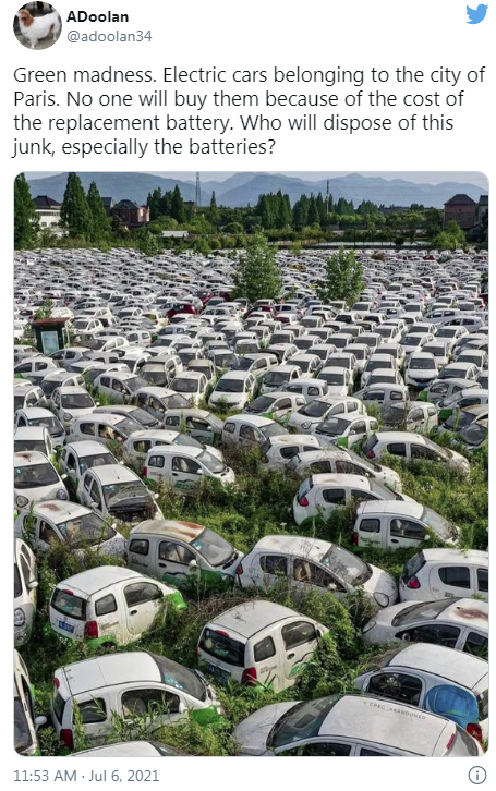 IggyCotton's tweet photo. Just a junkyard of 5,000 discarded electric vehicles because people didn't want to pay the high replacement costs of crappy batteries when they start getting weak. https://t.co/0VOJHuAv7o