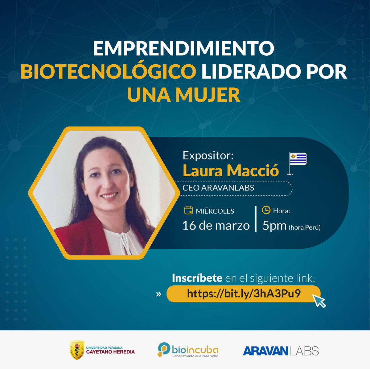 🧪 Los invitamos a participar del Webinar: Emprendimiento Biotecnológico liderado por una mujer 🔬

🌟 Inscríbete: bit.ly/3hA3Pu9
🔗 Enlace zoom: upch.zoom.us/j/93210180003