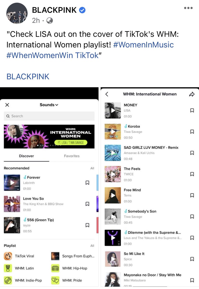 [220310] - @BLACKPINK Facebook update with #LISA: 

“Check LISA out on the cover of TikTok's WHM: International Women playlist! #WomenInMusic #WhenWomenWin TikTok”

🔗 facebook.com/10004439431062…

#InternationalWomensDay 

#블랙핑크리사 블랙핑크 리사
#블랙핑크 #리사 #MONEY #LALISA