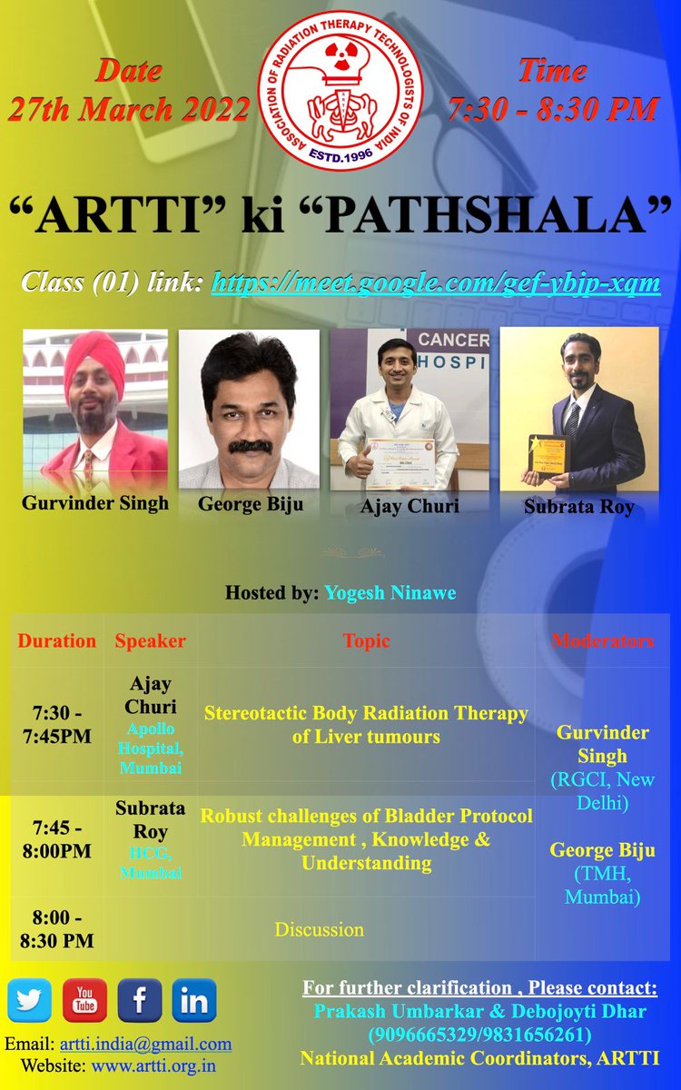 arttindia's tweet photo. Dear All,
We are extremely Happy to Announce that ARTT is going to Conduct Monthly CME program which will be scheduled last week of every Month.
Looking forward to all of your active Participation.
Meeting Link-https://t.co/FHAQXWiLw1
Date- Sunday 27 March 2022
Time-7:30pm https://t.co/YyuExaI4Tv