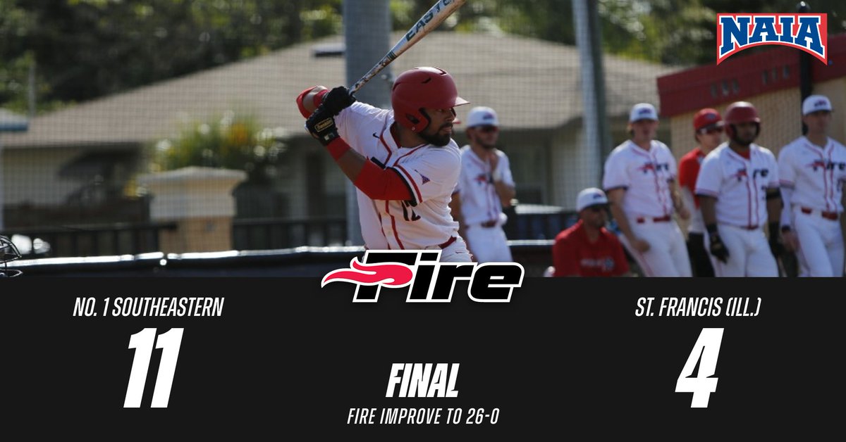 NUMBER ONE AND STILL BEATEN BY NONE! The Fire take down St. Francis (Ill.) 11-4 to remain undefeated! 

Nunez: 3-4, 4 RBIs
Broyles: 1-2, 2 RBIs
Guadalupe: 2-3, 2-3, RBI
Walters: 6 IP, 1 ER, 14 Ks.

Back in action tomorrow versus Indiana Tech at 3:00 p.m.

#FuelTheFire🔥