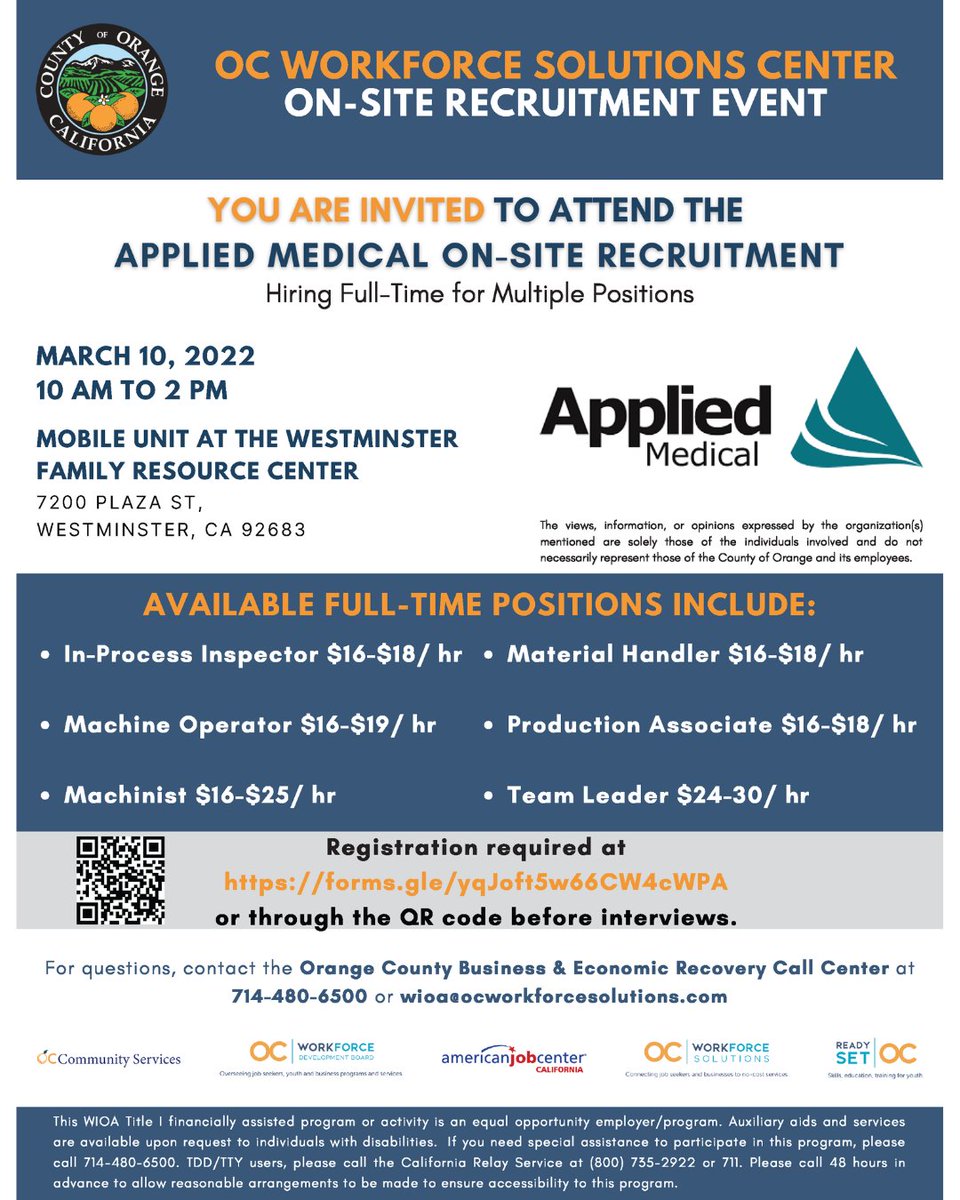 oc_workforce's tweet photo. #OnSiteRecruitmentEvent: Applied Medical

📅 Thursday, March 10, 2022
🕙 10 AM to 2 PM
📍 Mobile Unit at Westminster Family Resource Center (7200 Plaza St, Westminster, CA 92683)
📝 Registration required at https://t.co/1qXOvWMfv7

#OCWorksTogether https://t.co/aSEGABtwrh