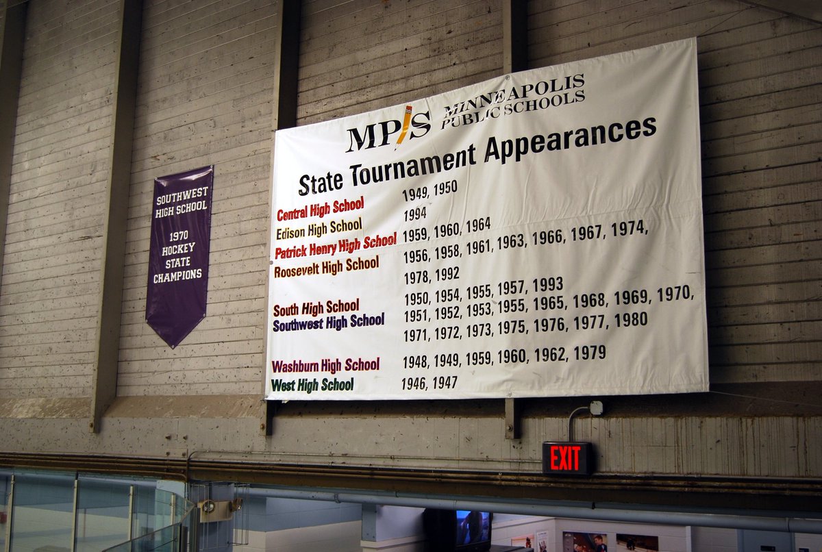 VintageMNHockey's tweet photo. These banners once proudly hung in now closed Minneapolis VMIA ice arena, showing true magnitude of Minneapolis schools early hockey influence/tourney appearances https://t.co/ostCqreHFT