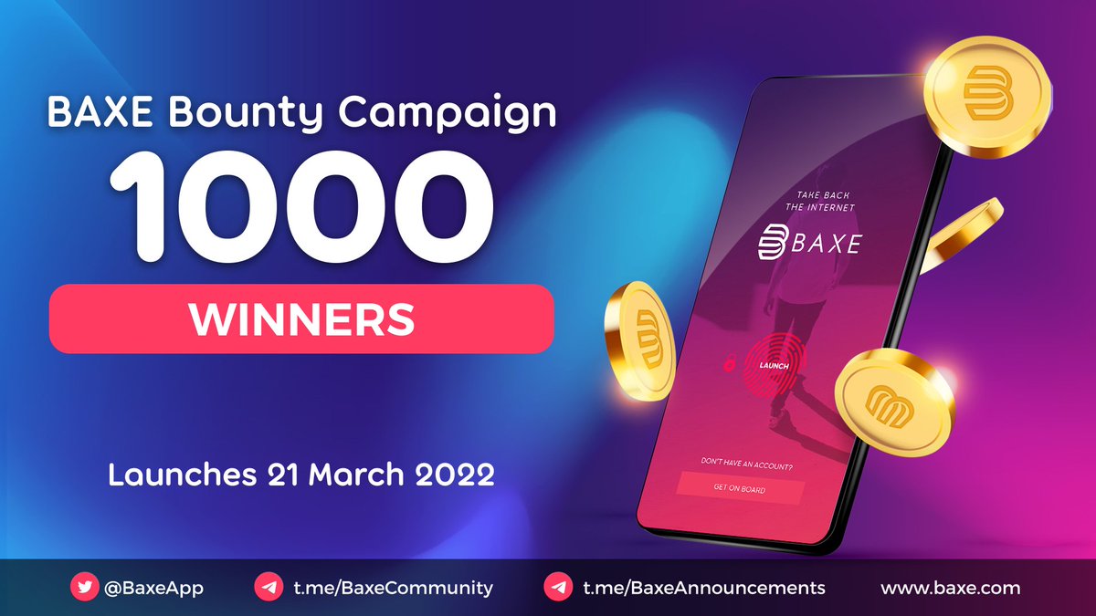 BaxeApp's tweet photo. The BAXE Bounty campaign is launching in just under 2 weeks! 🔥

There's only 1000 winners, so you don’t want to miss the starting pistol when it kicks off on 21st March! 🚨 Make sure you sign up to get notified here: https://t.co/E6JInrHghM https://t.co/OOPm96jEgc