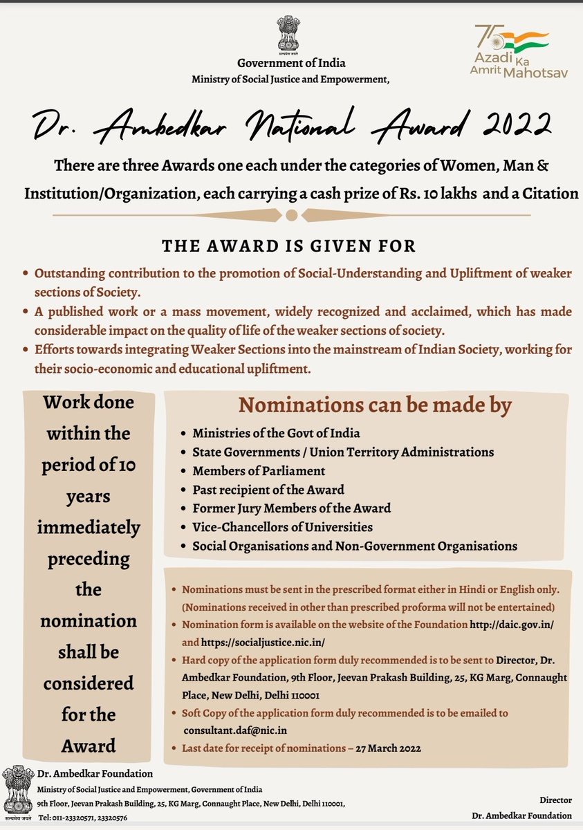 Welcoming nominations for the best work done for upliftment of SCs <a href="/MSJEGOI/">Ministry of Social Justice & Empowerment, GOI</a> <a href="/DICCIorg/">DICCI</a> <a href="/mygovindia/">MyGovIndia</a>
