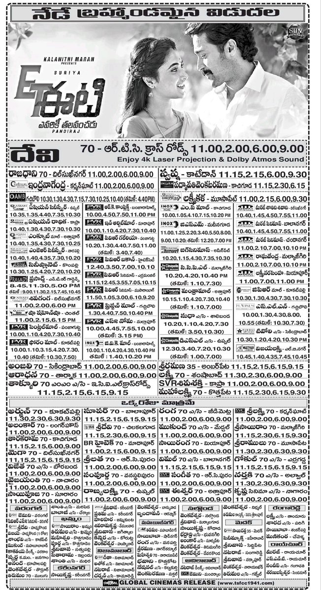 SuriyaFansTeam's tweet photo. • #EvarikiThalaVanchadu Releasing Today - Nizam &amp; Telangana Theatre Lists | #ETFromToday | #ETFDFS 

#EtharkkumThunindhavan | @Suriya_Offl | @vrindaprasad https://t.co/V7z2sBI7Rd