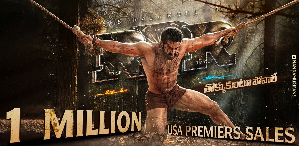 Praveen4ntr_9's tweet photo. #RRRinUSA - Only Premiers Sales now at ~$𝟏 𝐌𝐈𝐋𝐋𝐈𝐎𝐍 &amp; counting..🌊🤩

Bookings now open in all locations💥

🇺🇸Release by @sarigamacinemas @RaftarCreations 

#ThokkukuntuPovaale @tarak9999 @ssrajamouli @RRRMovie #RRRMovie 💥🤙 https://t.co/EsotFba2sY
