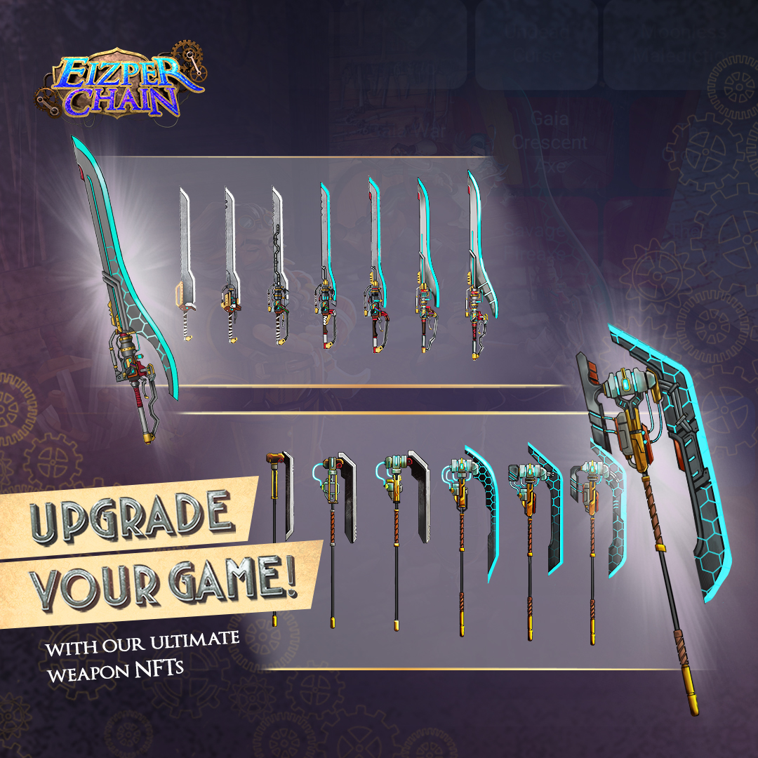 EizperChain's tweet photo. Want more benefits while playing Eizper Chain? With our NFTs, you can be more resistance to stuns, develop stronger shield, and more!

Make sure to get our weapon NFTs before you start your battles! 😊⚔️✨
.
.
.
#EizperChain #weapons #battle #blockchain #crypto #NFT https://t.co/o48FytUorM