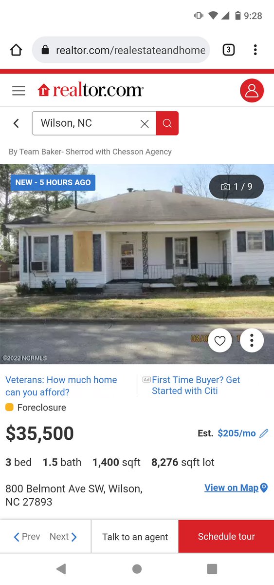 RaleighReporter's tweet photo. NC real estate is wild. This house would probably be like $400,000 in downtown Raleigh, but an hour away in Wilson it's the same price as some cars https://t.co/kpgPxp13YN