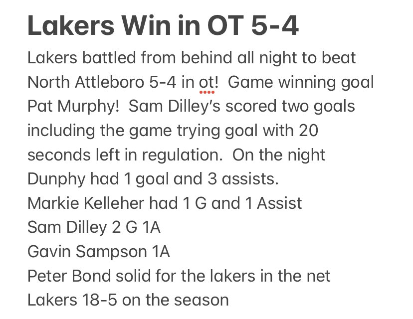 Lakers win in OT! @MyHockeyLive <a href="/sports_ledger/">Patriot Ledger sports</a> <a href="/BrocktonSports/">Brockton Enterprise sports</a> <a href="/DavidWolcott1/">David Wolcott</a> <a href="/MassHSHockey/">MassHSHockey</a> <a href="/MassNZ/">MassNZ</a> <a href="/BGlobeSports/">Boston Globe Sports</a> <a href="/BosHeraldSports/">Boston Herald Sports</a> <a href="/In_The_Slot/">Jim Clark</a> <a href="/HNIBonline/">Hockey Night</a> <a href="/SLakeathletics/">SL Athletics</a>