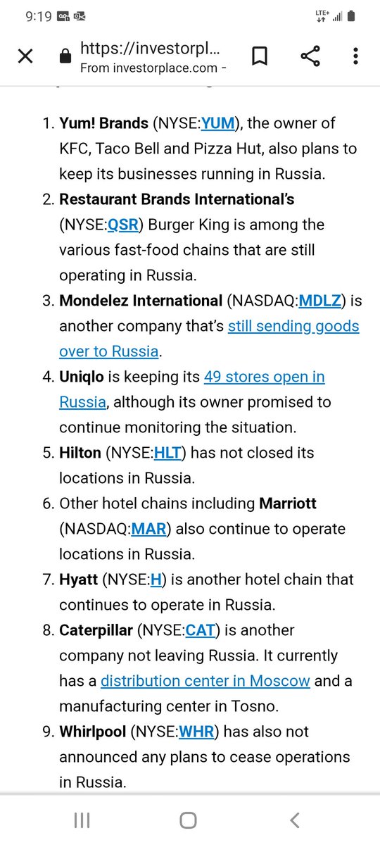 List of #International #Brands still operating in #Russia and shrinking away from their responsibilities to #humanity. 

#YumBrands (#KFC, #TACOBELL, #PizzaHut) #BurgerKing, #MondelezInternational, #UNIQLO, #Marriott, #Hilton, #Hyatt, #Caterpillar and #Whirlpool.