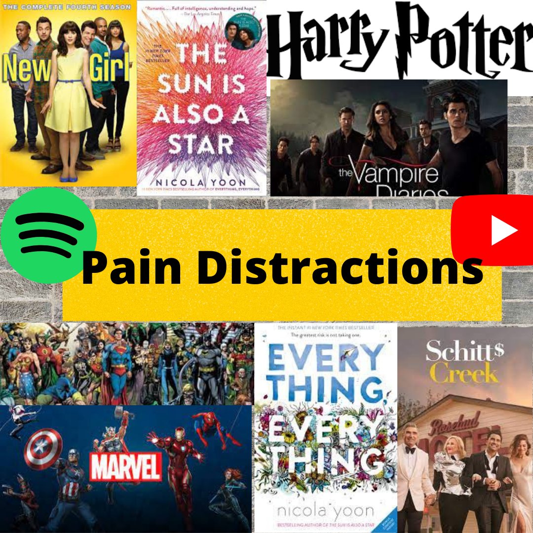 my_chyp's tweet photo. Sometimes pain can feel like hitting a brick wall. That is why Chyp Youth has shared some of their favorite pain distractions. Let us know what helps you get through in the comments!!! 

#CHYP 
#chronicpainwarrior #butyoudontlooksick
#vampirediaries #marvelsavengers #HarryPotter https://t.co/8JYZTSwi4h