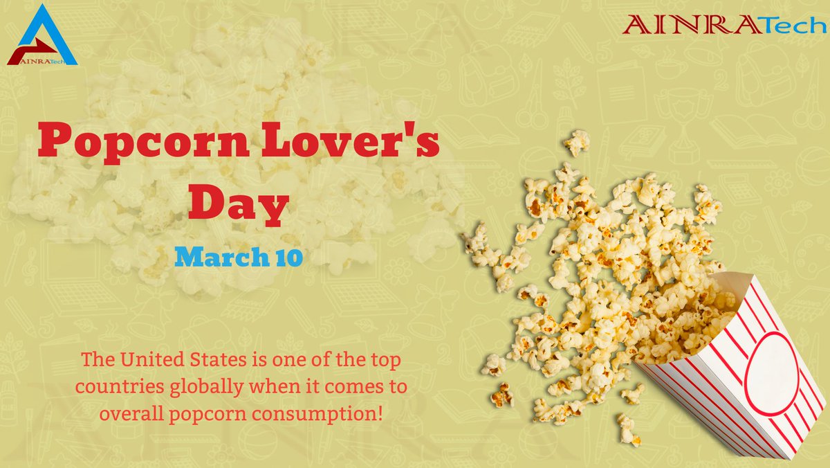 ainratech's tweet photo. Popcorn has been used for everything from arts and crafts to the foundation of some of the most popular treats around. The National Popcorn Board decided that this fluffy treat needed a day of celebration and thus was born Popcorn day!
#AINRATech #AINRAED #popcornloversday https://t.co/jODq4Q6eBz