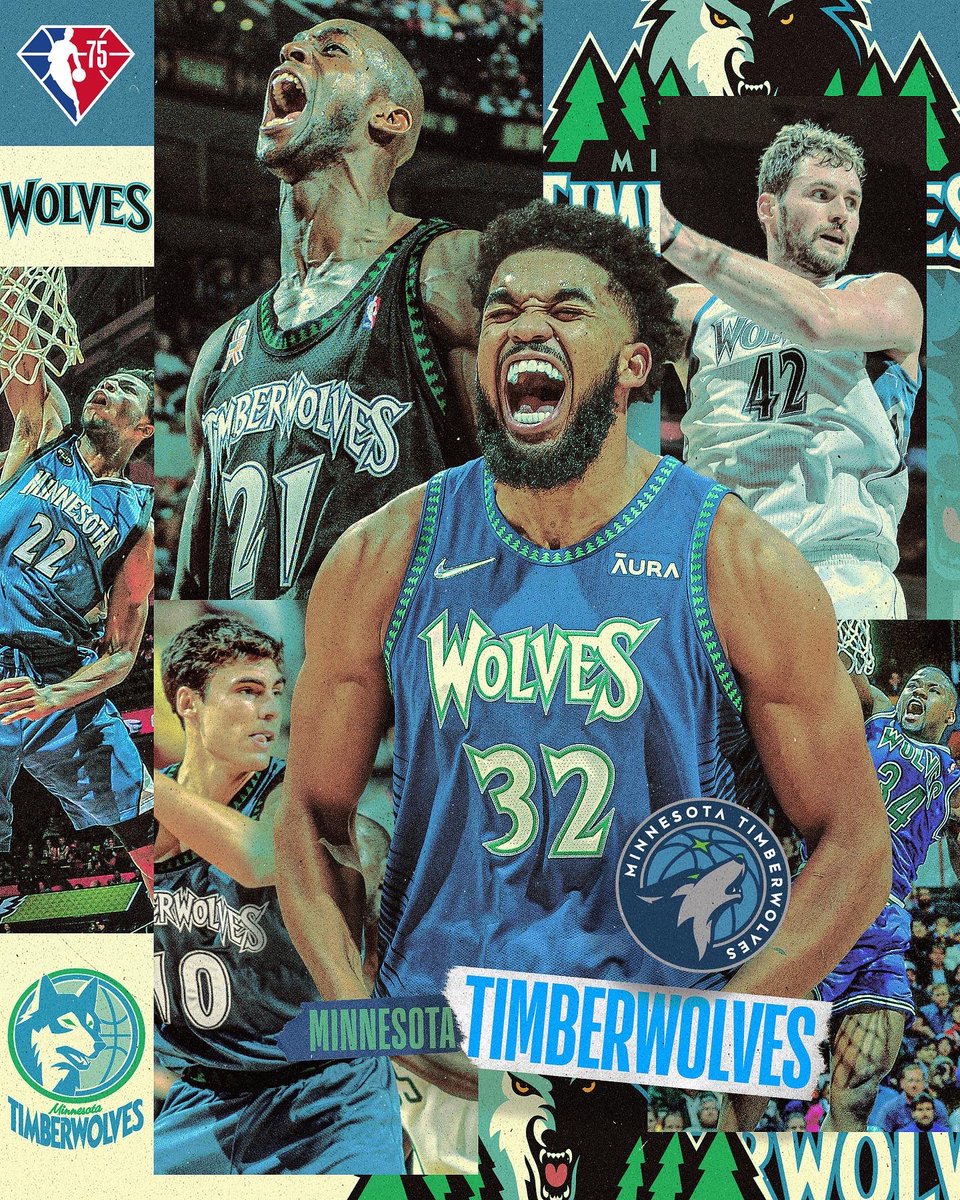 NBACanada's tweet photo. 🖼: The evolution of the @Timberwolves logo!

#NBALogoEvolution • #NBA75 https://t.co/QDPoms2OJb
