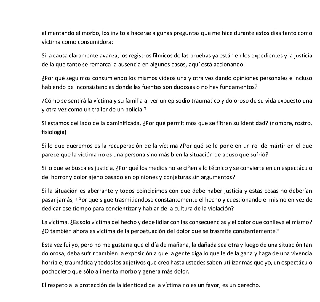 Creo que todos tenemos que prestarle mucha atención a esta carta y debemos reflexionar sobre cuál es nuestra posición y nuestra actitud ante estos casos. La escribe la joven de 20 años víctima de la violación grupal en Palermo.