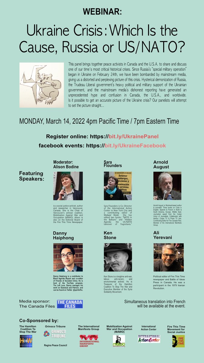 HamiltonHcsw's tweet photo. Save the date for this important webinar on Ukraine:
Monday, March 14, 7 pm EST
#NoWarWithRussia #NeutralityForUkraine #CanadaOutOfNATO https://t.co/tim3t0xveH