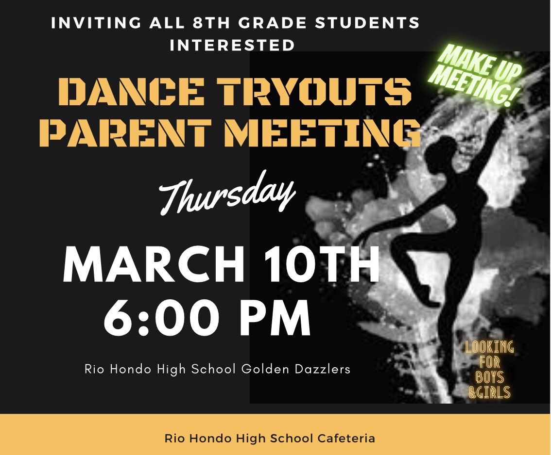 goldendazzlers's tweet photo. It’s not too late!!  In case you missed the tryout meeting for the Golden Dazzlers,we will have a make up meeting on Thursday!!  You don’t want to miss it! @RHHS_Bobcats @ClassSenora https://t.co/hdhqR083ba