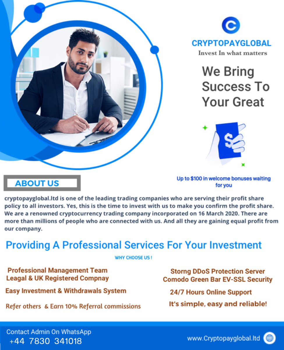 CryptopayGlobal's tweet photo. #Investinwhatmatter with your #Bitcoin
Join the https://t.co/DFLDdaVWf8 and earn $25 welcome bonus 
We offer you great profits daily depending on your choice from our investment plan 
Get Started by clicking on the website link https://t.co/nXJK0ybIdG
OR WhatsApp us on https://t.co/8T2uyuwPjP