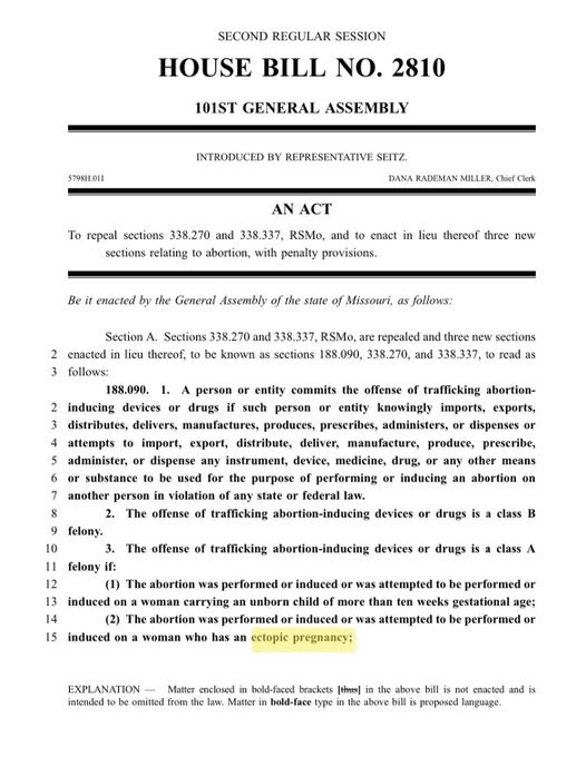 RoslinResists's tweet photo. The Missouri Legislature via #HB2810 has decided, in their infinite wisdom, women who suffer from an ectopic pregnancy are banned from receiving an abortion.
If untreated, this condition can cause women to die.
This is not a drill.
#KeepAbortionSafeAndLegal #VoteOutEveryRepulican https://t.co/KcccqX18qX
