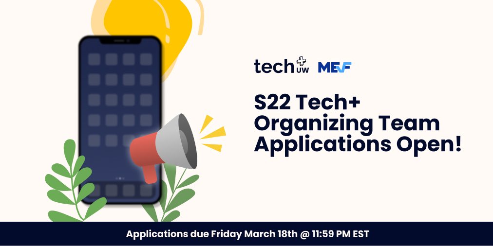 techplusuw's tweet image. 📢 Applications for the Tech+ Spring 2022 organizing team are now open! 

👉 Learn more about Tech+: bit.ly/join-techplus-…
📝 Apply now: bit.ly/techplus-s22-a…
🗓 Applications Close: March 18th @ 11:59 PM ET

Got any questions? Send us an email to techplusuw@gmail.com