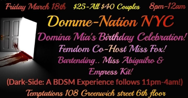 DeviantsNYC's tweet photo. Domme-Nation NYC- Domina Mia's Birthday Celebration! Dark-Side: A BDSM Experience follows afterwards! #DommeNationNYC #FootWorship #Femdom #Domme #sissy #slave #Mistress #ProDomme #Humiliation #Degradation #Sounding #Caning #FootSlave #Objectification #NYC #Events #CBT #SPH https://t.co/QZDrrGw2Sa