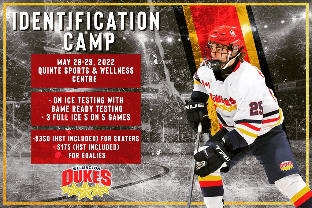 OJHLDukes's tweet photo. The Wellington Dukes will be holding an Identification Camp on May 28-29 at the Quinte Sports &amp; Wellness Centre! Get live On-Ice testing results with @GameReady2021 and 3 full 5-on-5 games. 

More information at link in bio

(📷 Ed McPherson/OJHL Images) https://t.co/6D6DDsCtlj