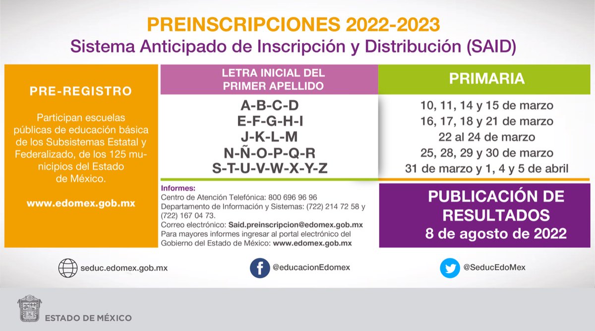 SeducEdoMex's tweet photo. Hoy comienza la preinscripción para primer ingreso al nivel #Primaria, a través del #SAID2022, en escuelas públicas estatales y federalizadas del #Edoméx.
Ingresa en 👉 https://t.co/B0Dlf6v3k2 
¡Garantiza un lugar para tu hija o hijo!
@SEIEM_ 
@SEB_Edomex https://t.co/RnVIzIeQPE