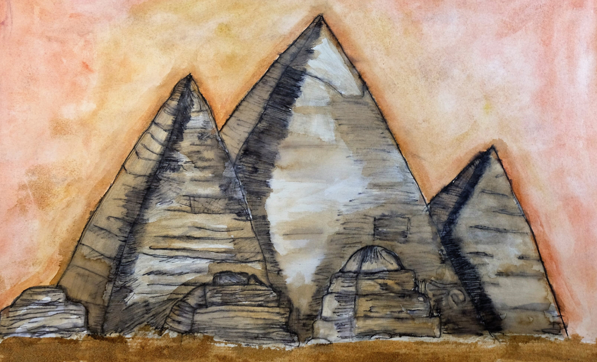 DryadGeneral's tweet photo. Check out this fantastic piece of work titled 'The Pyramids at Giza' by Dora Jolly, aged 9 from Brighton College Dubai. Dora has used a number of mediums including fineliners, coffee, watercolour and sand to create this. https://t.co/J8X2xPmoX6