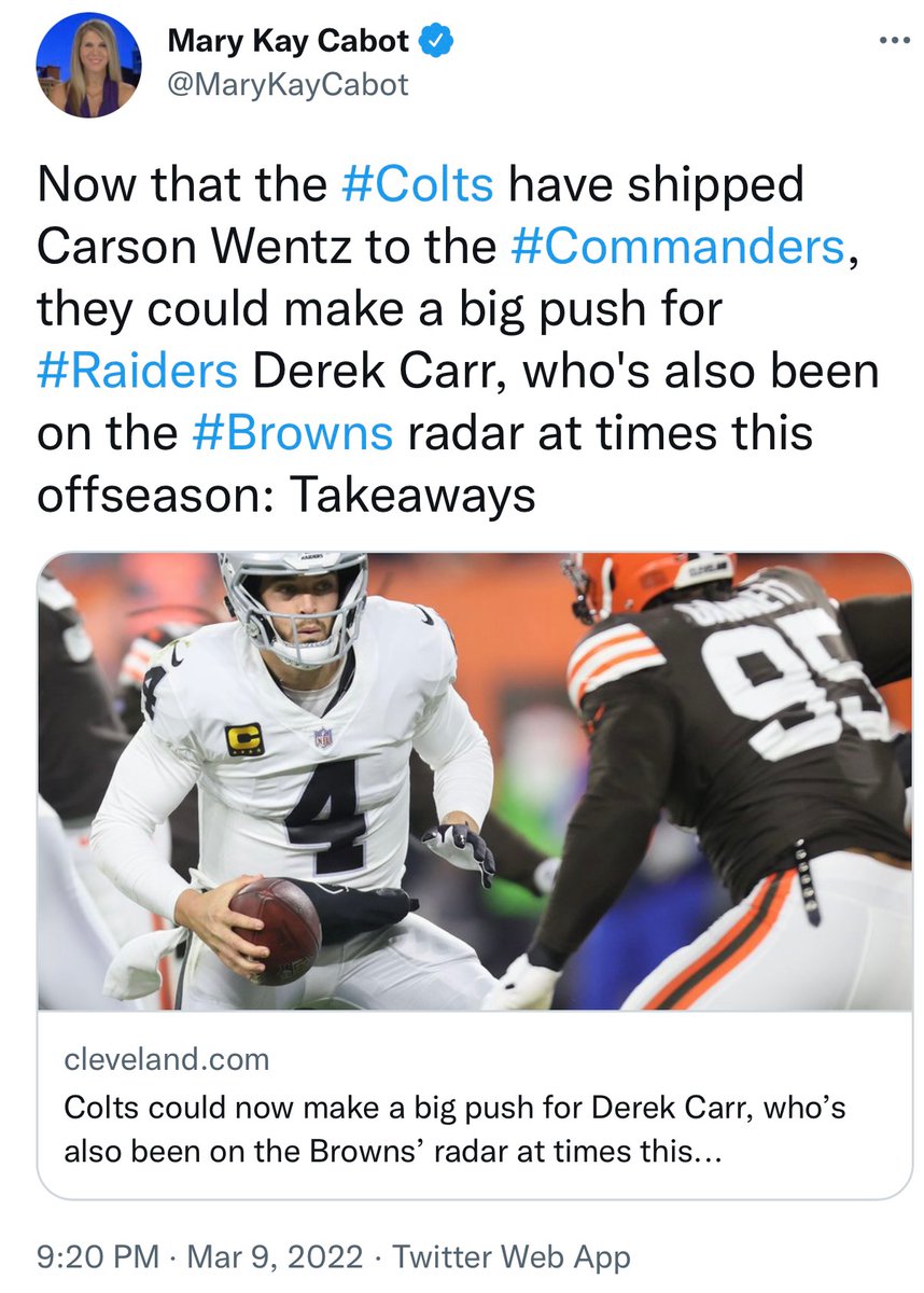 Not sure what the Carson Wentz trade really has to do with Derek Carr, but I’m running out of ideas to replace Baker. #Browns