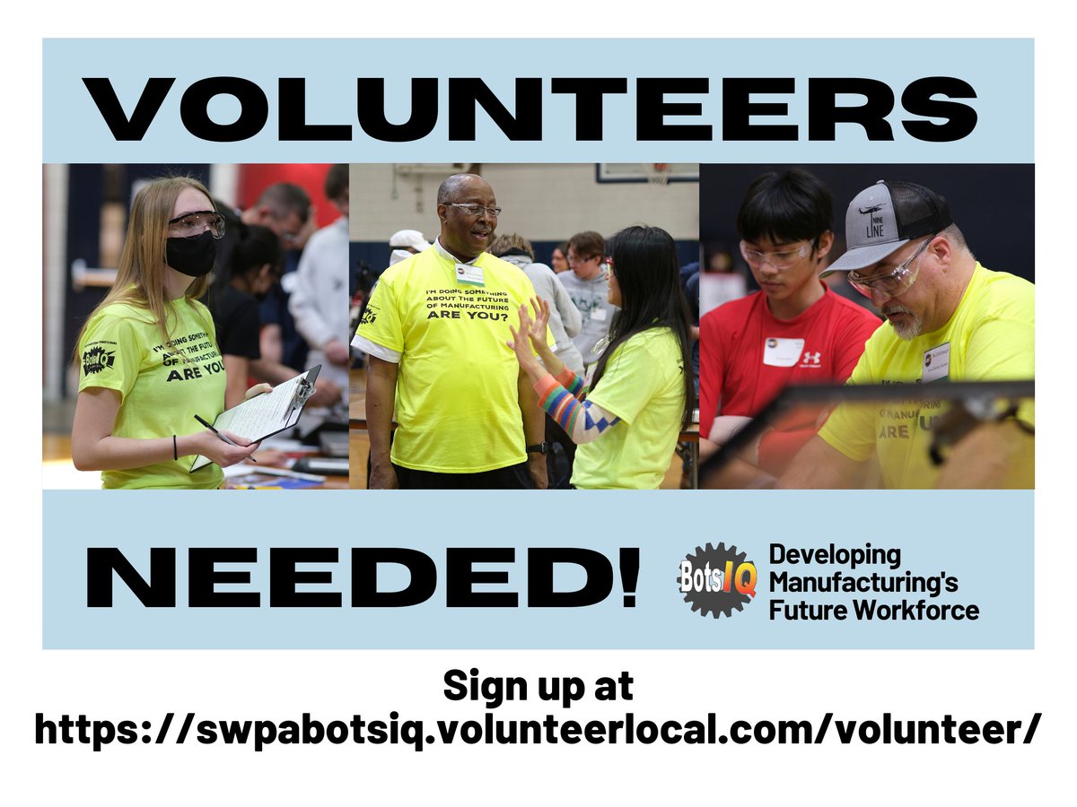 Volunteers needed!  

#BotsIQ is hosting is Preliminary Competitions at Westmoreland County Community College next Tuesday (3/15) and Thursday (3/17)  and we need YOUR help!

Sign up to volunteer today!  

swpabotsiq.volunteerlocal.com/volunteer/

#volunteersmakeadifference