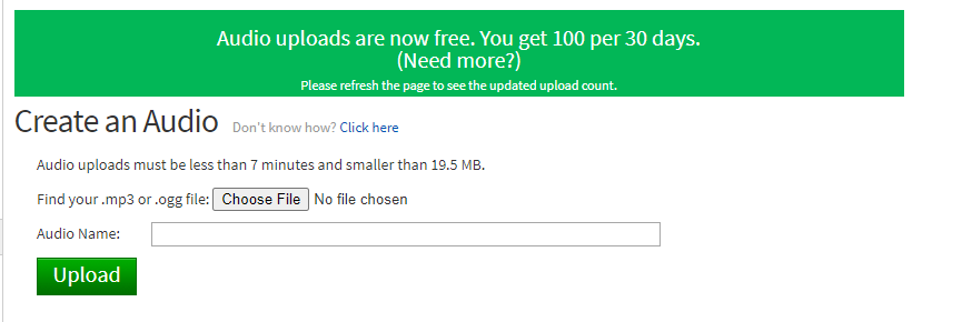 RealBloxNews's tweet photo. There is a new #Roblox update that allows you to upload  a number of audios for free per month. 🔊

Normal users can upload up to 10 audios/mo for free🔈

People who have verified their age can upload 100/mo.🔉 

Anyone who has submitted a developer exchange can upload 2000/mo. https://t.co/jNgG1l1YdI