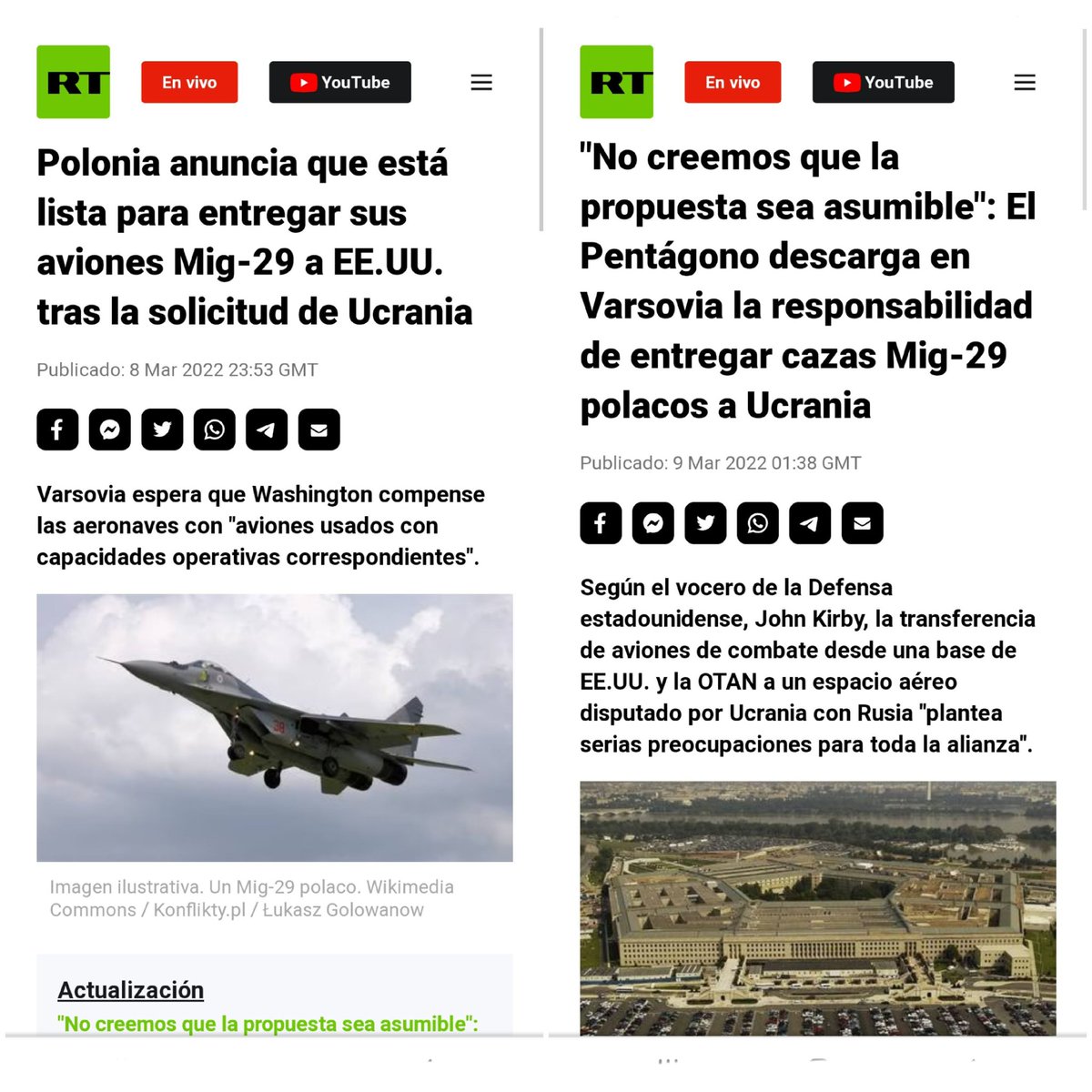 EEUU y "El Otro Yo del Dr Merengue"
Hemos venido informando que:
⛔Polonia es presionada por EEUU para que done sus MiG29 a Ucrania
⛔Polonia ss negó
⛔Rusia dijo "país que ayude a aviones que ataquen a Rusia entra a la guerra"
⛔Polonia cede: Los da a EEUU
⛔EEUU no los recibe
