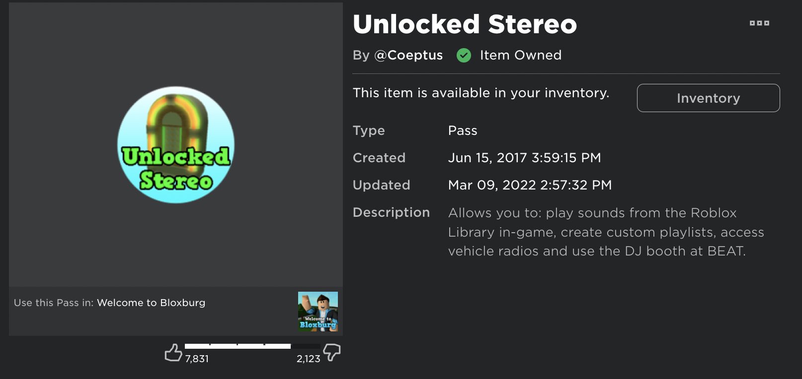 Basically Bloxburg 🎄 on X: The Unlocked Stereo Gamepass makes use of the Roblox  library's ID-based playback. It is unclear whether players will be  reimbursed (such as with an in-game incentive) or