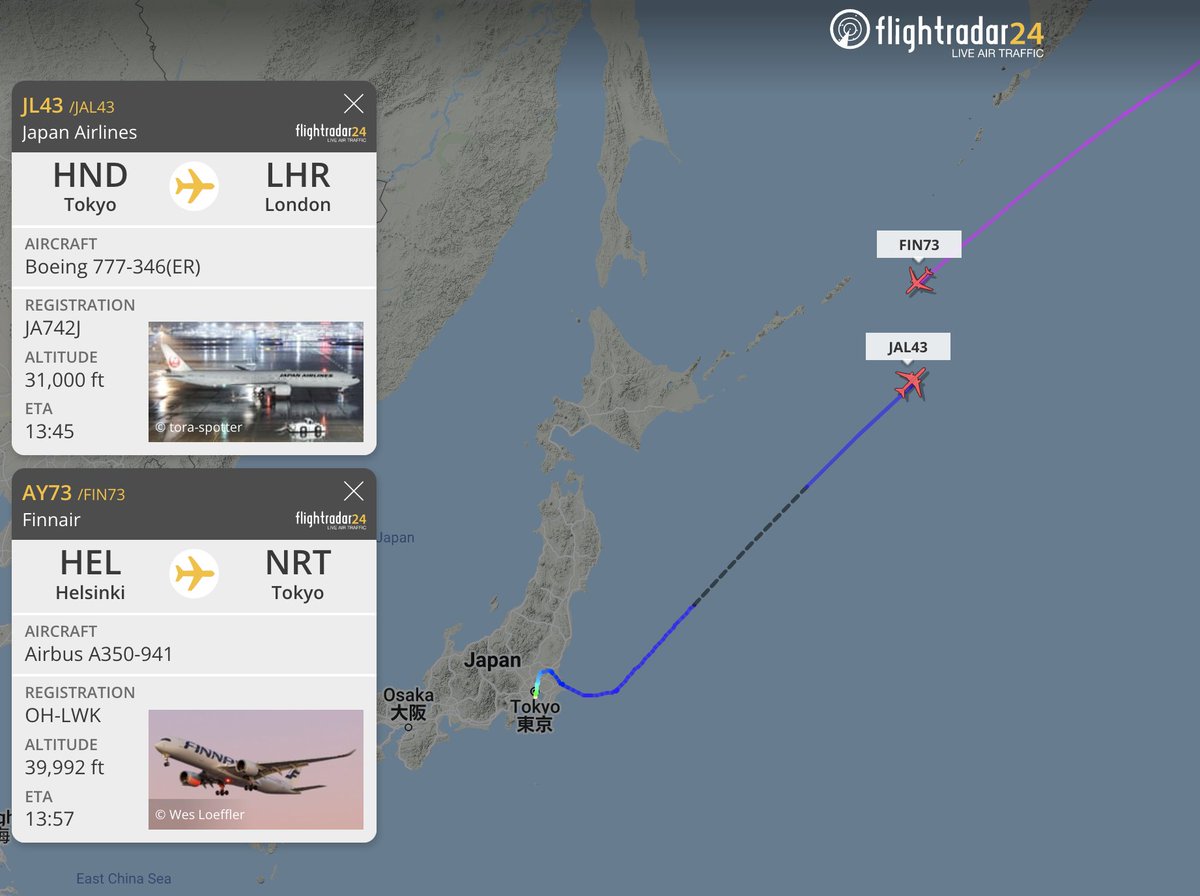 flightradar24's tweet photo. Two of the flights most affected by the avoidance of Russian airspace so far. 

#AY73 HEL-NRT adding nearly 4 hours of flight time. https://t.co/zZSdjINqi3

#JL43 HND-LHR adding about 3 hours to its trip. https://t.co/AX4J9fZMY0 https://t.co/iewOS6Tbo2