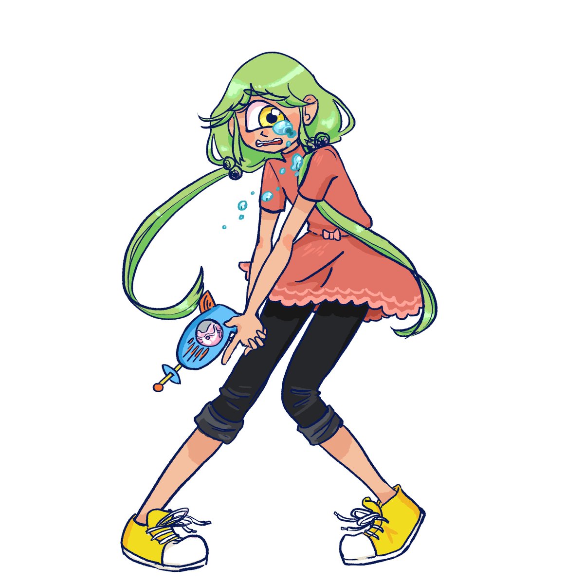 KindyArt's tweet photo. For a draw night with friends we all did character design prompts from the internet and it was wild. 
anyway. 
Heres my Miserable Tall Long Legged Cyclops Child with Long Legs and a Raygun.
#Cyclops  #ArtistOnTwitter #idfkhowtotagshit https://t.co/83DbiKCNWX