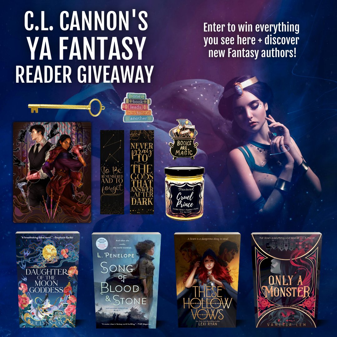 CLCannonAuthor's tweet photo. ✨#YAFantasy addicts, this #giveaway is jam-packed w/ #books &amp; merch!✨
🏰 https://t.co/BfXXPljo5C 🏰 
👑#Win #OnlyAMonster #TheseHollowVows #SongOfBloodAndStone #DaughterOfTheMoonGoddess #Kaz &amp; #Inej bk sleeve #AddieLaRue bookmrk #CruelPrince candle #bookish pin, sticker &amp; key👑 https://t.co/j544tuOIJY