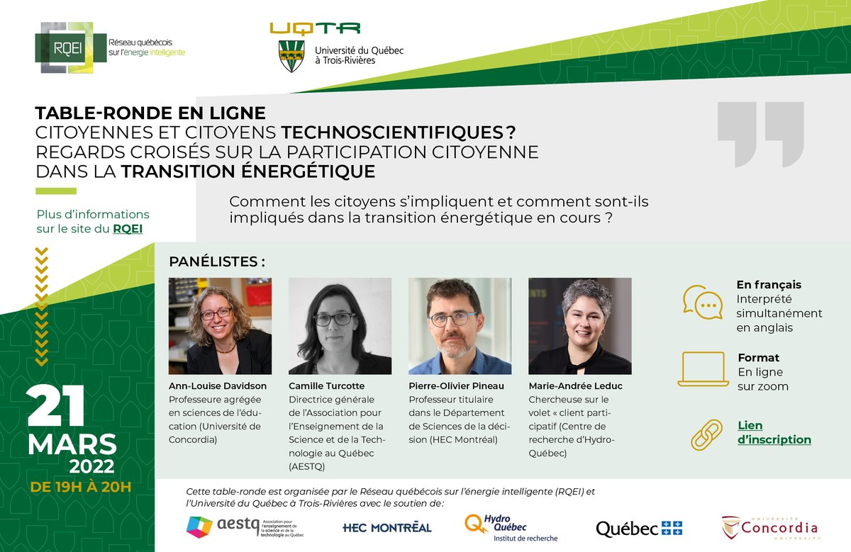 a_l_davidson's tweet photo. Le 21 mars, j'aurai le grand plaisir de me joindre à la table ronde du Réseau québécois sur l'#énergie #intelligente pour discuter de l'#implicationcitoyenne dans la #transition #énergétique en cours. https://t.co/36cctLkAXB