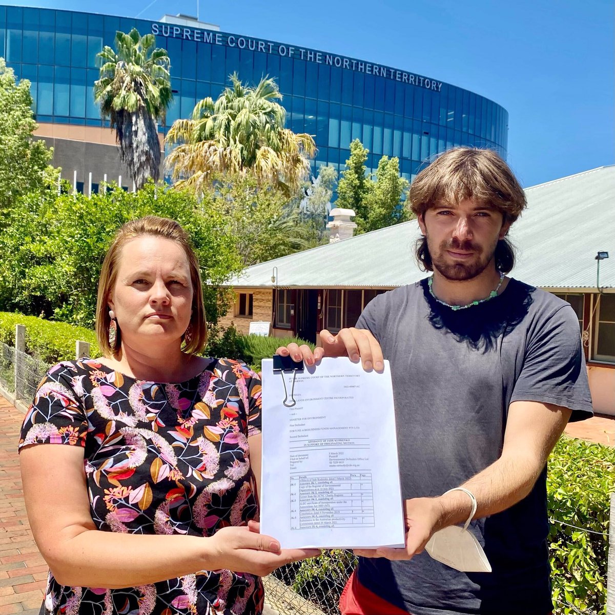 AridLandsEC's tweet photo. Historic day! Arid Lands Environment Centre Inc. v Minister for Environment and Fortune Agribusiness Funds Management Pty Ltd (2022-00087-SC) had its ‘First Mention’ in the Northern Territory Supreme Court today. Photo of Jade + Alex with ALEC’s 444 page affidavit. Thanks @EDO! https://t.co/BVGuIvKZ0i