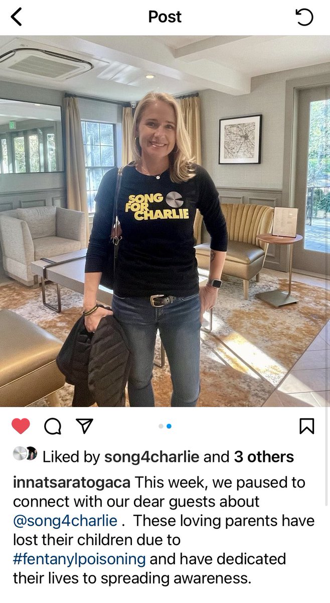 Thank you to The Inn at Saratoga for not only providing us with impeccable hospitality and kind compassion during our stay, but also giving Song for Charlie a shout out on their Instagram page today. 💙

#SongForCharlie
#OnePillCanKill
#fentanylchangeseverything
#theinnatsaratoga
