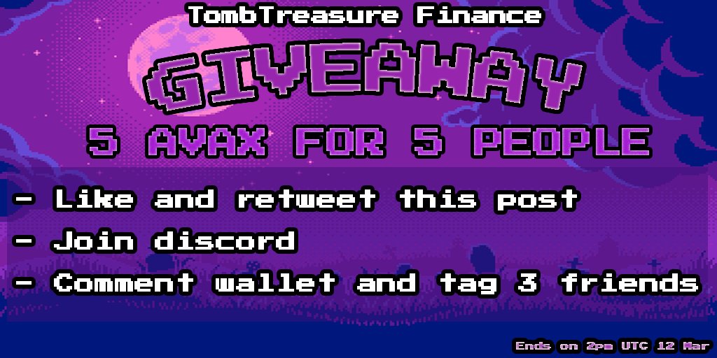 tomb_treasure's tweet photo. To celebrate Tomb Treasure Genesis pool launch.
We will give away 5 Avax to 5 lucky people. Please follow ther rules to enter:

- Like, retweet this post
- Join discord
- Comment your wallet and tag 3 friends

Giveaway will ends at 2pm UTC 12 Mar

#tombfork @TombForkWatch #ga https://t.co/rh129MKtpz