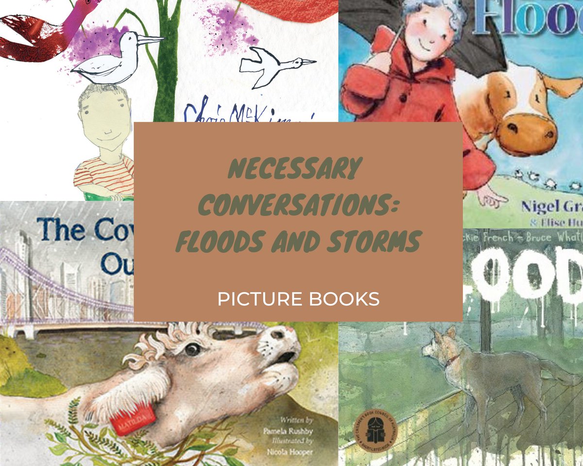 AustLit's tweet photo. New in Necessary Conversations: picture books, children's fiction, &amp; YA on floods and storms, from AustLit, whose team works on the banks of Maiwar/the Brisbane River.
This will be the first in a series of Necessary Conversations on catastrophic climates.
https://t.co/A8tDfGkF2Z https://t.co/VMD9b9HfIj
