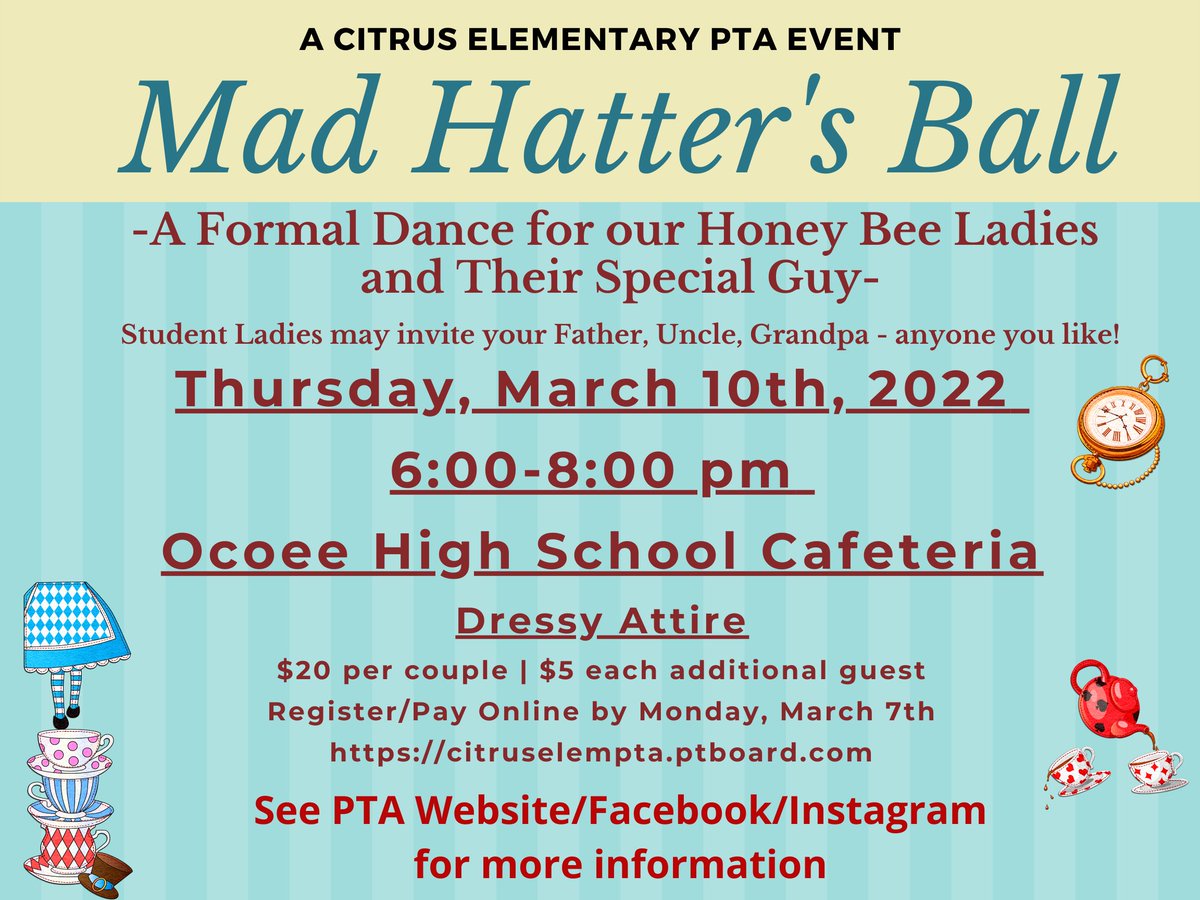 Time for a Countdown!!  We are all SO EXCITED for tomorrow's event and looking forward to welcoming our Honey Bee Ladies to their special night.

Check the PTA website for some Know Before You Go info and stay tuned for any updates

citruselempta.ptboard.com