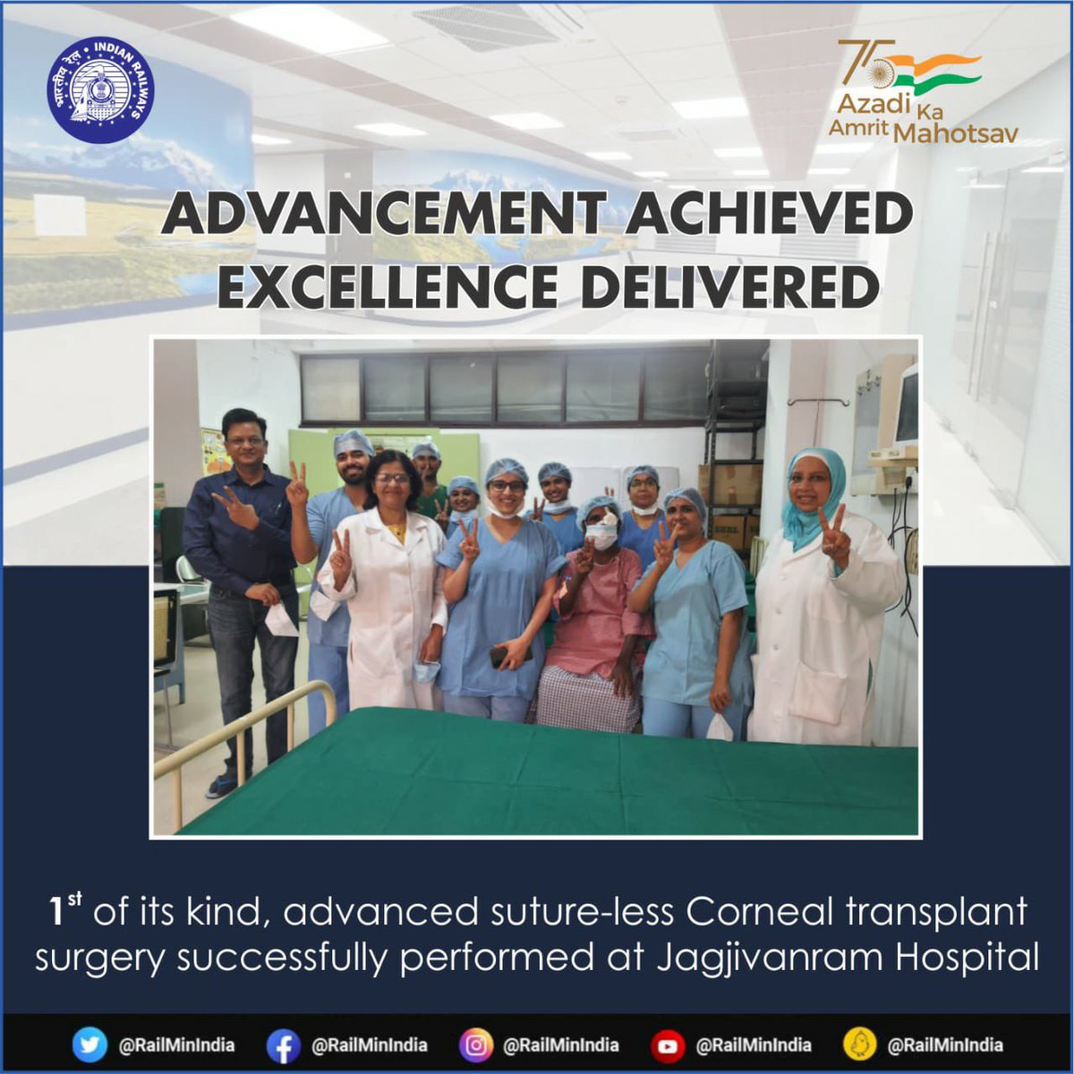 RailMinIndia's tweet photo. Indian Railways Jagjivanram Hospital, Mumbai performed 1st of its kind Corneal transplant surgery through an advanced technique Desment Stripping Endothelial keratoplasty, a suture-less procedure that makes recovery faster. https://t.co/v9XFPqu7sK
