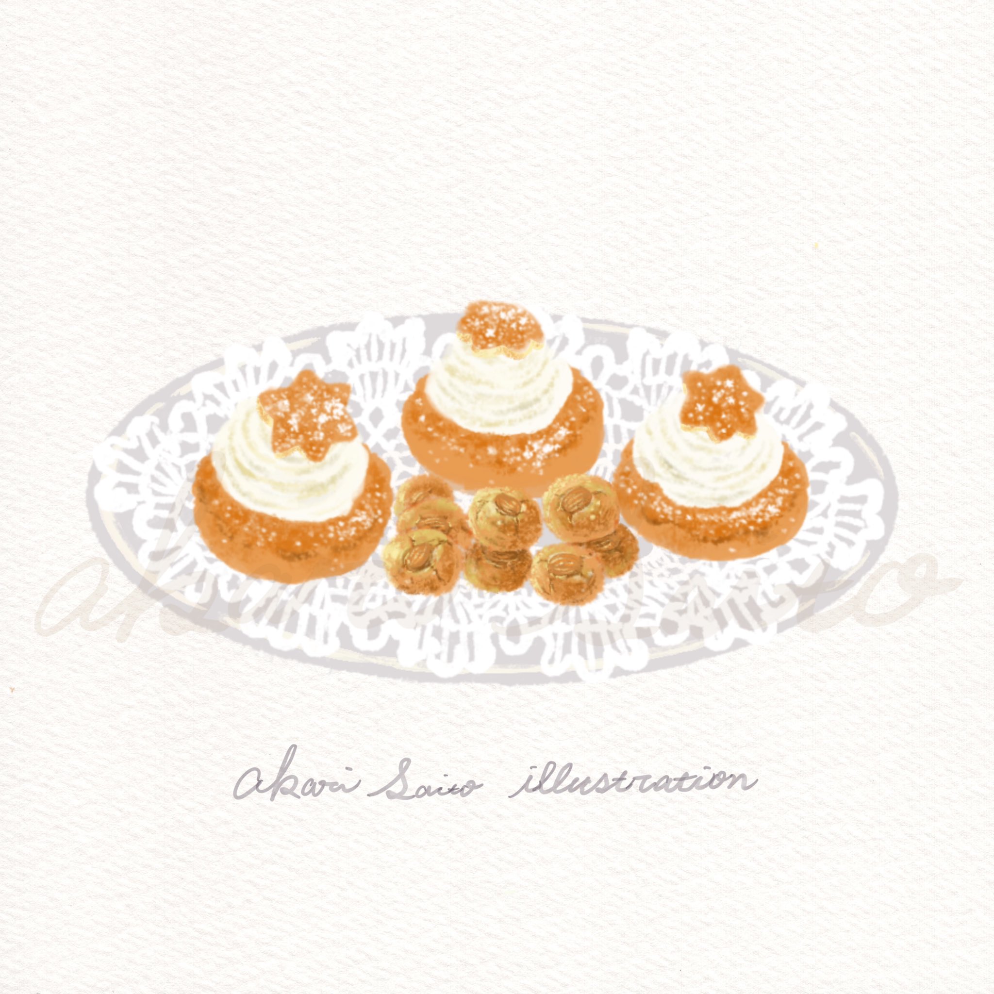 さいとうあかり 北欧のお菓子イラスト セムラ 年明けからイースター前までの期間 街のお菓子屋さんにたくさん並びます 見た目がマリトッツォに似ているかも 生クリームの下にはアーモンドフィリングが 手前には マンデルムムス という