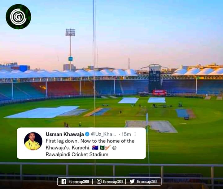 AbdulHanjrah's tweet photo. Usman Khawaja 🗣️:-

First leg down. Now to the home of the Khawaja's. Karachi. 🇦🇺🇵🇰🏏 @ Rawalpindi Cricket Stadium

#PAKvAUS #Usmankhawaja #cricket https://t.co/PuQ6U4EhUO