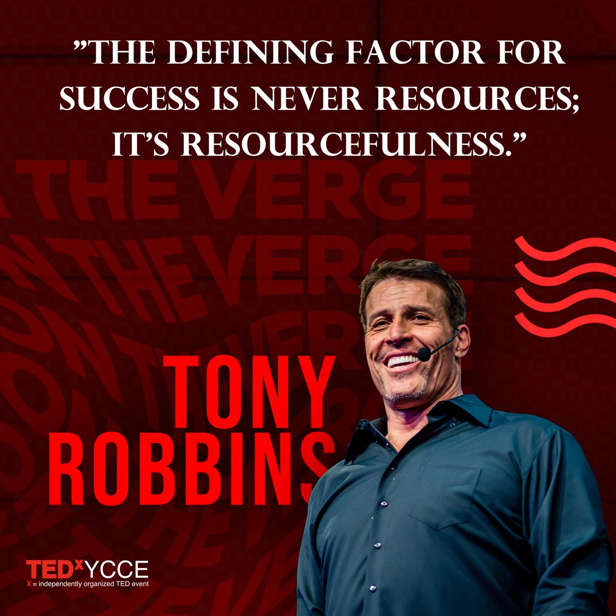 tedxycce's tweet photo. "𝚃𝙷𝙴 𝙳𝙴𝙵𝙸𝙽𝙸𝙽𝙶 𝙵𝙰𝙲𝚃𝙾𝚁 𝙵𝙾𝚁 𝚂𝚄𝙲𝙲𝙴𝚂𝚂 𝙸𝚂 𝙽𝙴𝚅𝙴𝚁 𝚁𝙴𝚂𝙾𝚄𝚁𝙲𝙴𝚂; 𝙸𝚃'𝚂 𝚁𝙴𝚂𝙾𝚄𝚁𝙲𝙴𝙵𝚄𝙻𝙽𝙴𝚂𝚂."
~ 𝚃𝙾𝙽𝚈 𝚁𝙾𝙱𝙱𝙸𝙽𝚂

@TonyRobbins
#tedxycce #ted #tedx #tedtalk #tedcircles #tedtalks #tedxtalks #tedxtalk #talk #voicesontheverg https://t.co/GHTIfzSXDf