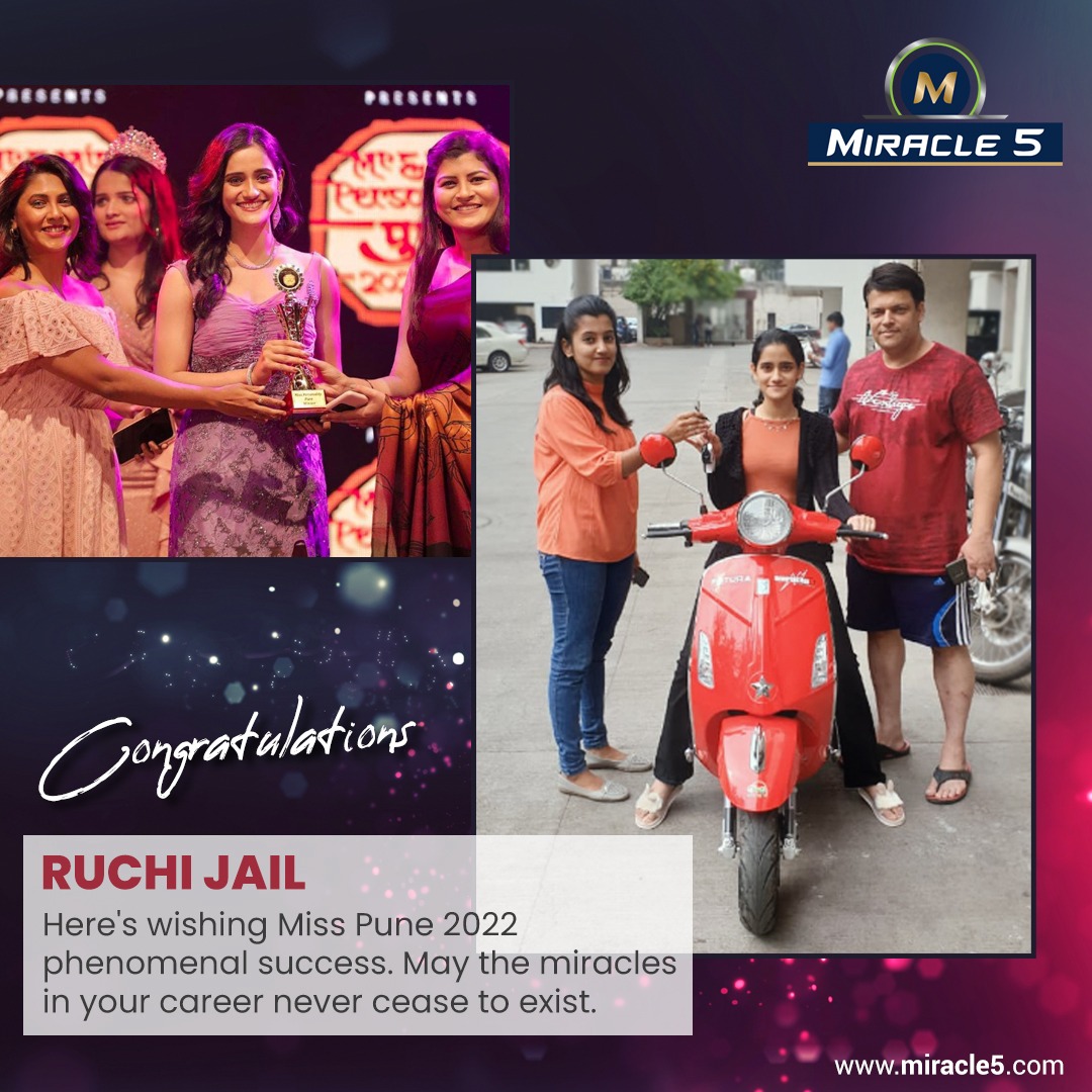 Miracle5E_bikes's tweet photo. Pune's Fame Ruchi Jail riding the Miracle5 in her jazzy way. 

Congratulations on winning Miss Pune 2022. May the miracles in your career never cease to exist. 

Switch to Style, Switch to Miracle 
#ElectrifyingMagic
#ILoveMiracle5 #MiracleElectricYatra #BookYourMiracle https://t.co/jAi8aoCPSH