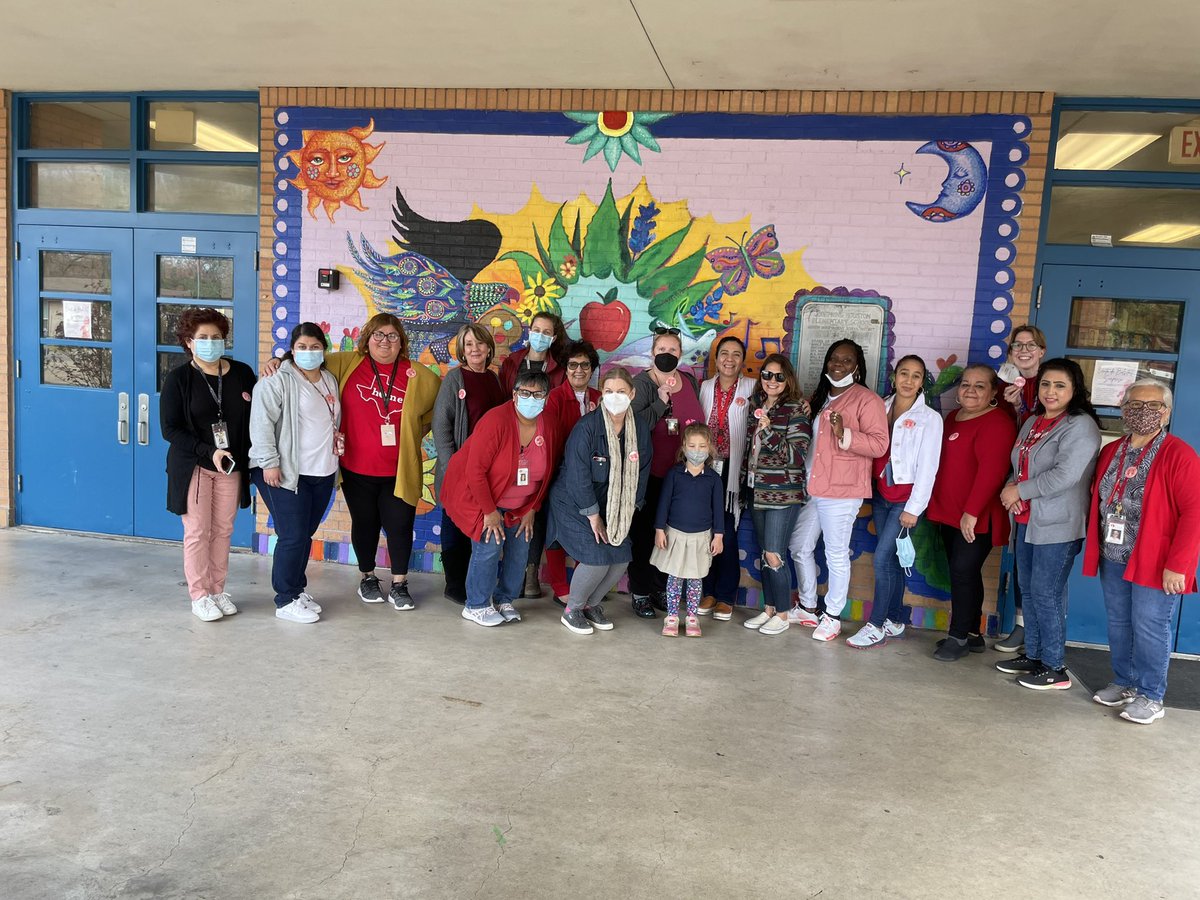 kallisonteach's tweet photo. J. Houston staff showed up for @EdAustin_TX #AtWhatCost button day! I am honored to work with everyone here, and we demand that AISD puts people over $ https://t.co/XfgL6Ow2aJ