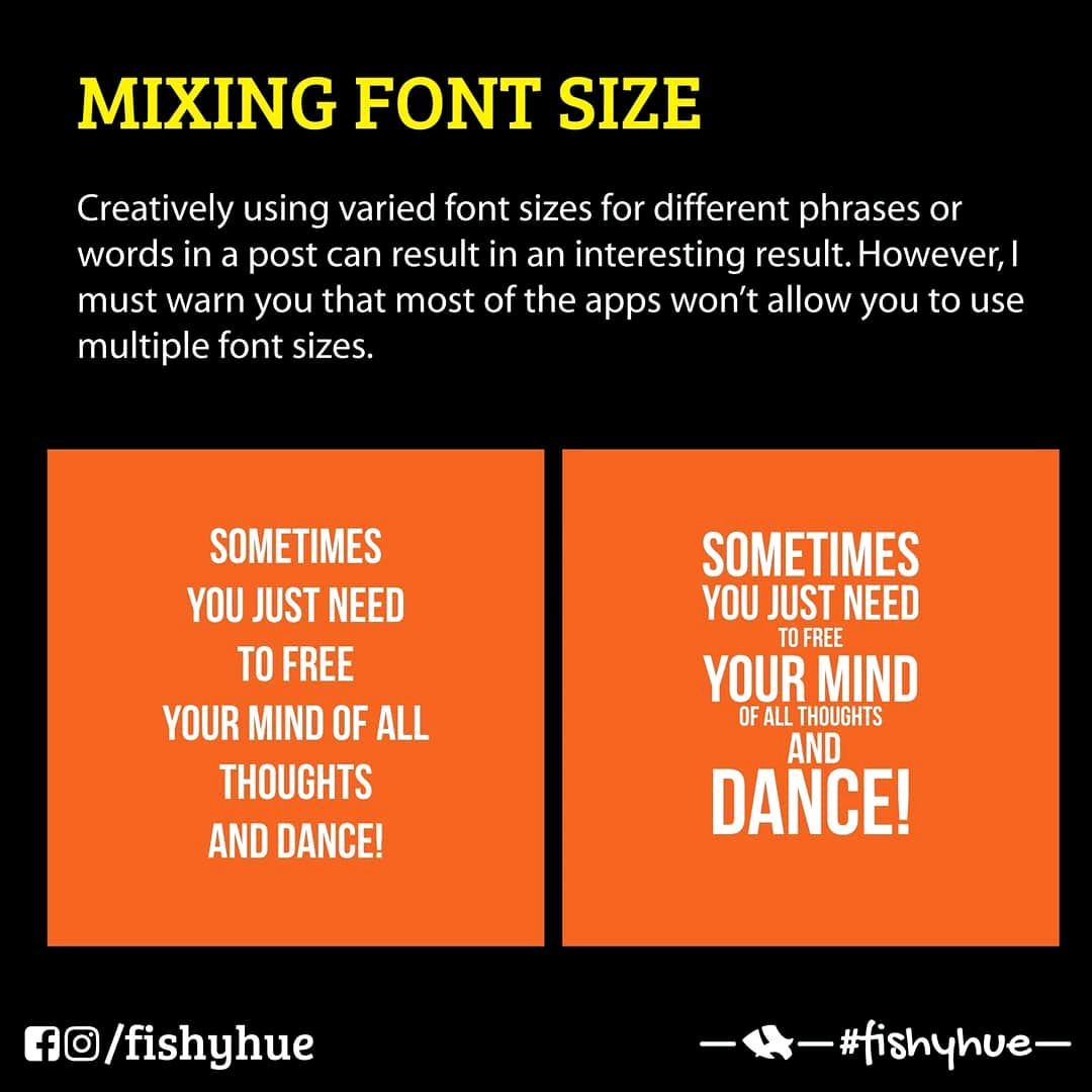 FishyHue's tweet photo. Time for today's #typotip

Try creatively mixing font size to give your #typography #design a different look.

#socialmedia #content #creatives #supportsmallbusiness #smallbusiness #fishyhue #freelancedesigner #graphicdesigner #graphicdesigntips #typographydesigns https://t.co/wXx5m1ZE4S